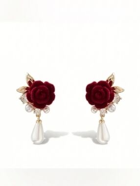 🆕️ Red Rose Pearl Drop Stud Earrings - Elegant Floral Jewelry NWOT